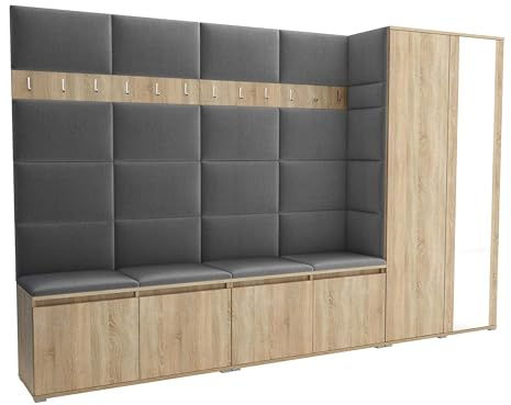 Brent - Garderobenschrank Flur Sonoma Eiche mit sitzbank 290 cm Breit Luton 5 - Multifunktionale Flurgarderobe Set mit Stauraum und Wandpaneel, Garderobe mit Sitzfläche und Kleiderhaken
