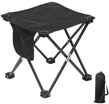 BTIUGYI Camping Hocker mit Seitentaschen 33CM, Tragbarer Klapphocker mit Aufbewahrungsbeutel, Fußhocker Outdoor, Leicht Sitz Falthocker für Wandern, Garten, Angeln, Grillen, Strand (Schwarz)