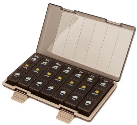 Pill Boxes 7 Day 3 Times a Day,Weekly Pill Box with 7 Row,One Day a Row,Moisture-Proof BPA Free Pill Organiser,Travel dosette Boxes,Tablet Organiser for Medicine/Vitamin/Fish Oil (Brown)
