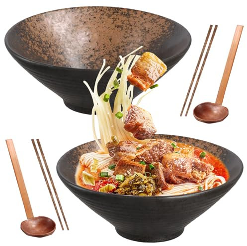 Mapille 2 Sets Ramen Schüssel Keramik Set, 2×1000ml Ramen Bowl mit Essstäbchen Löffel, Suppenschalen Rührschüsseln, Japanische Suppenschüssel, Salatschale für Nudeln Getreide Salate Müsli (C)