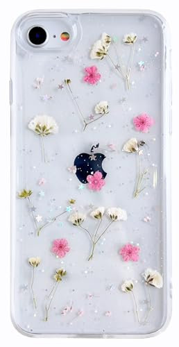 AMART für iPhone 7/8/SE 3/SE 2020 Hülle Blumen, Durchsichtig Handyhülle mit Echte Getrocknete Blumen Hülle,Klare mit Glitzer Motiv Weich Silikon Schutzhülle für iPhone SE 3(Rosa)