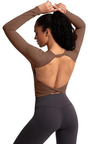 Sportshirt Damen Langarm rückenfrei: Oberteil Twist zurück Top mit Feste Cups - Sexy Sommer Shirt für Yoga Fitness Gym