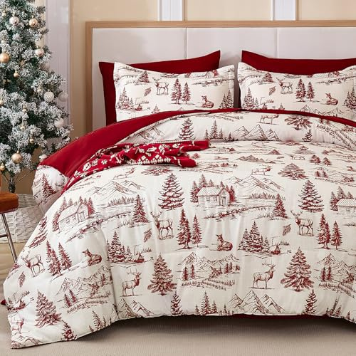 WONGS BEDDING Christmas Duvet Cover Set King Size Xmas Tree Deer Pattern 3 Pieces Soft Microfiber Breathable Christmas Bedding Set(220x230cm)