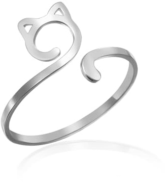 VASSAGO Niedlicher Katzenring für Damen und Herren verstellbar zierlich stapelbar Kätzchenringe satinloser Stahlschmuck für Katzenliebhaber