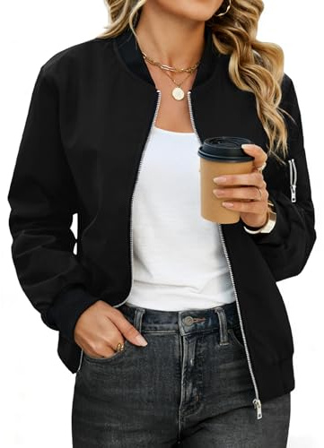 CMTOP Chaqueta Mujer Bomber Abrigo Ligera Corta Manga Larga con Cremallera | Chaquetas Casual Cortavientos para Primavera Otoño,Bolsillos Cremallera,para Desplazamiento Diario, Compras