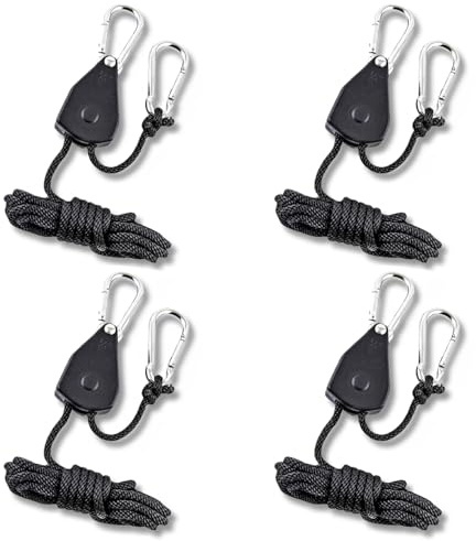 4Pcs 4M Reflective Tent Guy Ropes with Ratchet Pulley, 4mm Camping Rope Kit | Adjustable Heavy Duty High Strength Wind Ropes for Secure Tent, Awning, Tarp, Hanging Grow Lights & Outdoor Gear