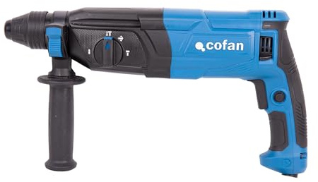 Cofan Martillo Perforador SDS-Plus 1050 W; Energía de Impacto 3;2 J; Martillo Demoledor 5200 bpm; Taladro Percutor con Cable 1200-5200 rpm; 4 funciones; Incluye 3 Brocas y 2 Cinceles