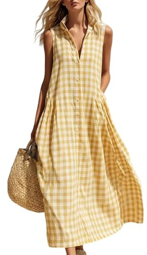 Robe chemise à carreaux vichy sans manches pour femme, coupe ample, en lin et coton, avec poches, robe d'été décontractée, pour l'été, les vacances, la plage, robe longue fluide pour femme
