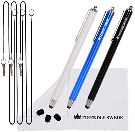 The Friendly Swede Eingabestift Touchstift Stylus Stift (3er-Set) für Tablett und Handy, mit dünnerer Spitze, Ersatzspitzen, Anhängern und Reinigungstuch (Schwarz/Blau/Weiss)