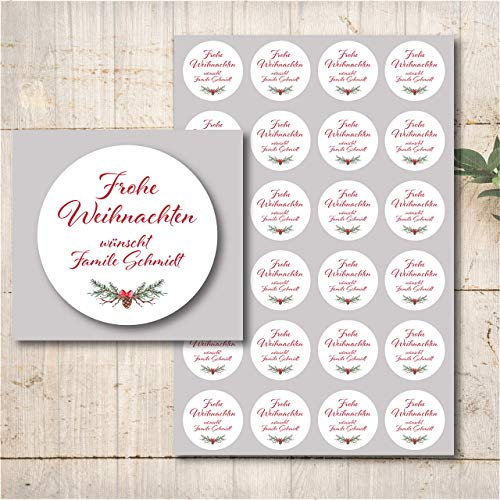 Frohe Weihnachten Aufkleber – Personalisierte Etiketten selbstklebend – Runde Sticker für Geschenke, Karten & Verpackungen – Weihnachtssticker mit Wunschtext – 24,15,12,6 Stück A4-Bogen