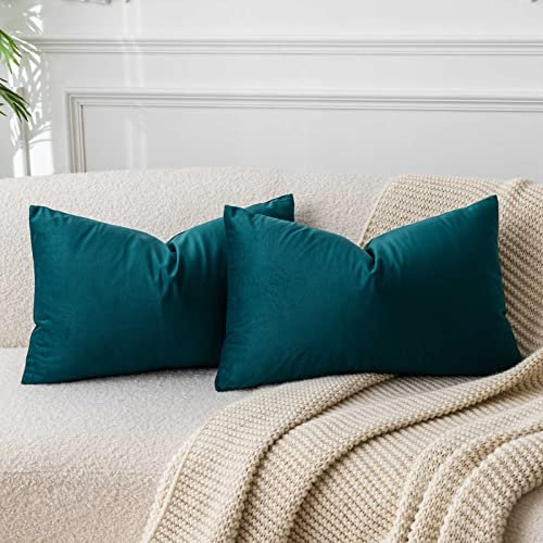 JUSPURBET Pfauenblau Lendenkissen Samt-Kissenbezüge 40cmx60cm 2er-Set für Wohnzimmer Couch Sofa Schlafzimmer Dekorative Rechteckig Feste Weiche Kissenhüllen mit unsichtbarem Reißverschluss