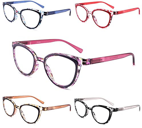 Yuluki 5 Pack Reading Glasses Blue Light Blocking,Fashion Womens Readers 2.25 Spring Hinge,Computer Eyeglasses Ladies Anti Glare
