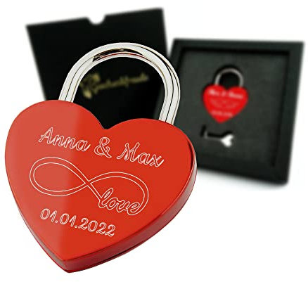 Geschenkfreude Liebesschloss mit Gravur witterungsbeständig - personalisierte geschenke für Paare - Geschenkideen für Partner - Valentinstagsgeschenke für Sie oder Ihn - Schloss mit Gravur rot