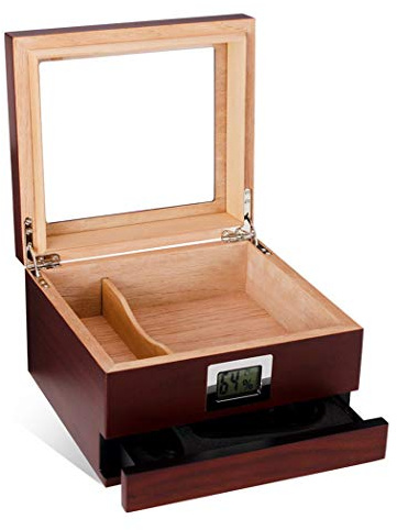 LJJ Cigar Humidor Humidifier Box with Digital Hygrometer, Spanish Cedar Wood, Glass Top, Accessory Drawer - Holds (25-50 Cigars)