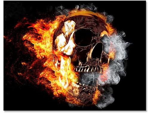 wandmotiv24 Leinwandbild Totenkopf, Querformat, Totenkopf in Feuer & Flamme M0218
