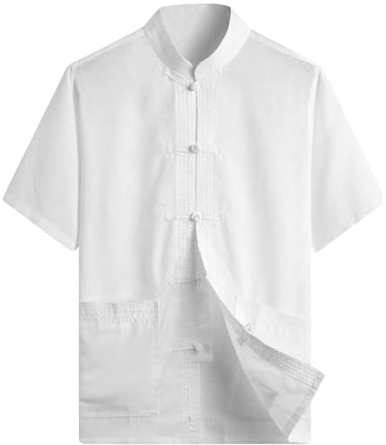 G-LIKE Camisa de verano para hombre, estilo tradicional china, artes marciales, kung fu, tai chi, ropa de entrenamiento, camisa informal de manga corta para hombre, Blanco, L