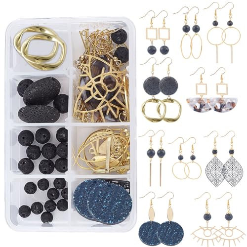 SUNNYCLUE 1 Box DIY 10 Paar Schwarzes Thema Ohrringe Herstellung Starter Kits Mit Natur Lava Perlen Geometrische Geistige Anhänger Harz Charms Schmuckherstellung Zubehör Zubehör Für Frauen