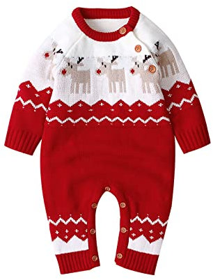 Zukmuk Pagliaccetto Neonato Unisex Tutina Lavorato a Maglia Maniche Lunghe Maglione Stampato Carino con Bottoni Abbigliamento di Natale Autunno Primavera (Rosso C, 6-12 Mesi)