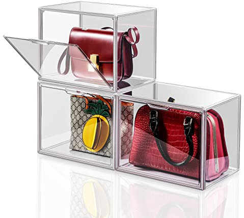 3er-Pack transparente Kunststoff-Handtaschen-Aufbewahrungs-Organizer für Schrank, Acryl-Vitrine für Handtasche und Geldbörse, luxuriös, stapelbar, Buch, Spielzeug-Organisation und Ausstellung