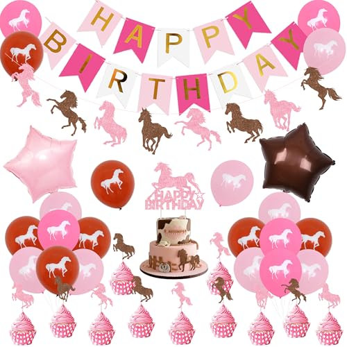 Fangleland Western Cowgirl Party Dekorationen, Pferd Happy Birthday Banner, Cake Topper und Derby Horse Balloon für Pferderennen Geburtstag, Cowgirl, Hochzeitsparty, Kinder Party Supplies