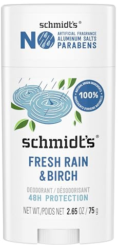 Schmidt's Aluminum-Free Vegan Deodorant Fresh Rain & Birch with 24 Hour Odor Protection, for Women and Men, Natural Ingredients, Cruelty-Free, 2.65 oz