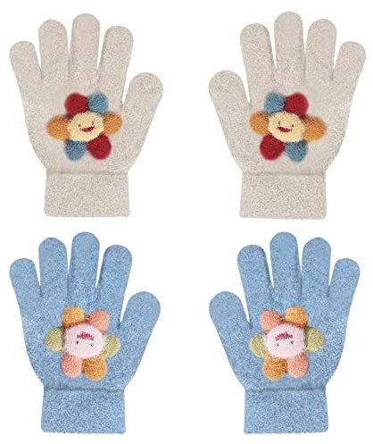 ZDQC 2 Paar Warme Strickhandschuhe Kinder, Süße Winter Vollfinger Fingerhandschuhe, Stretch (Blumen-B)