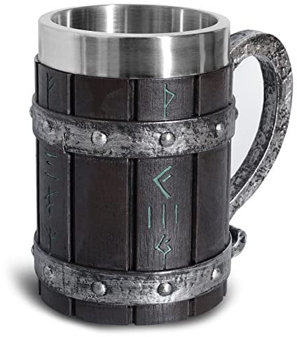 Bierkrüge, Nordic Viking Rune Biergläser Großer Eichen-Bierkrug Kaffeebecher mit Edelstahl Holz Harz 3D, Mugs für Männer, Vatertagsgeschenk 550 ml