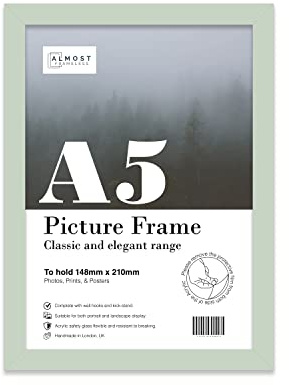 Almost Frameless A5 Mint Green Picture Frame Fits A5 (14.8 x 21cm - 5.8 x 8.3in) Poster, Photo, Artwork, or Print. Thin Edge Slim Frame Portrait and Landscape Display with Wall Hooks