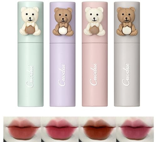 Bekoeen 4pcs Bear Matte Velvet Lipstick, Waterproof, Durable Lip Gloss Lip Stain, Non-Stick Cup, Easy to Dye Liquid Lipstick, Velvet Lip Mud for Face