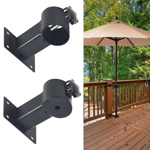 Patio Umbrella Holder Heavy Duty Adjustable Metal Umbrella Clamp Stand Mount Attaches to Railing, Outdoor Courtyard, Balcony, Boats, 2 Pack Black