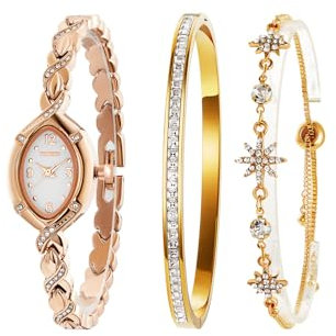 TIME100 Uhr Damen Elegant mit Armreife und Armkette Klein und Fein Silber Rosegold mit 18K Goldbeschichtung