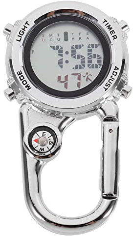 Mikikit Multifunktionale Karabineruhr, Leuchtende Taschenuhr, Wasserdicht, Edelstahl, Ideal FüR Outdoor Camping, Klettern, Reisen, Silber