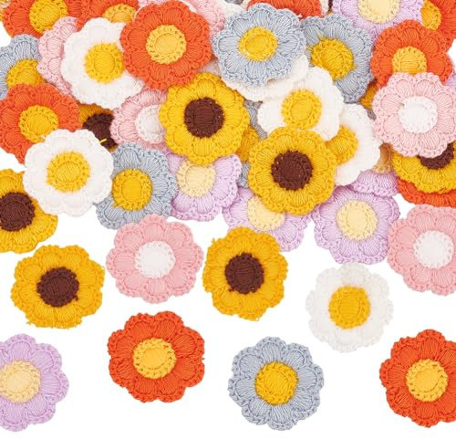FINGERINSPIRE 60 Stück 6 Farben Häkelblumen Applikation 31x33 mm Nähblumen Stoffflicken Handgefertigte Strickblumen Gehäkelte Blumenverzierungen Für Kleidung Reparatur DIY Handwerk Dekor