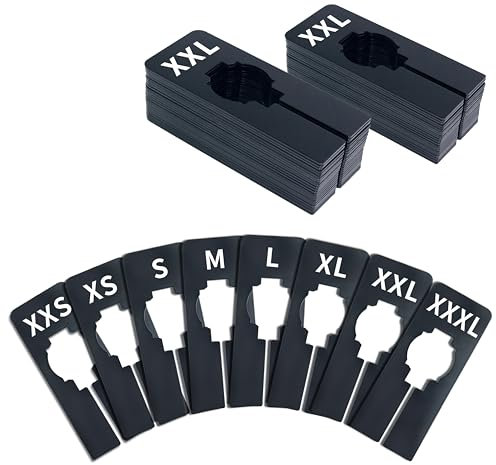 Vantasii 40er-Pack rechteckiger schwarzer Kunststoff-Kleidergrößen-Trennwände für Kleiderbügel, vorgedruckt in 8 Größen XXS, XS, S, M, L, XL, XXL, XXXL (6.4cm x 12.7cm, Innendurchmesser 3.5cm)