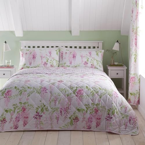 Dreams & Drapes - Pink Wisteria Bedspread (230cm X 200cm) - Soft Touch - Floral Quilted Bedspread - Blanket/Bed Cover - Matching Duvet & Curtains Available