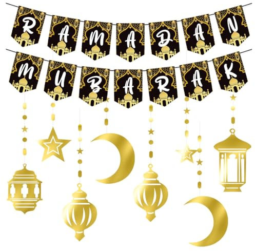 Ramadan Deko,Ein Ramadan Mubarak Banner,Ramadan Banner,Muslimische Islamische Partys Dekorations,Goldene Stern und Mond girlande Ornamente,Für die Eid-Partydekoration