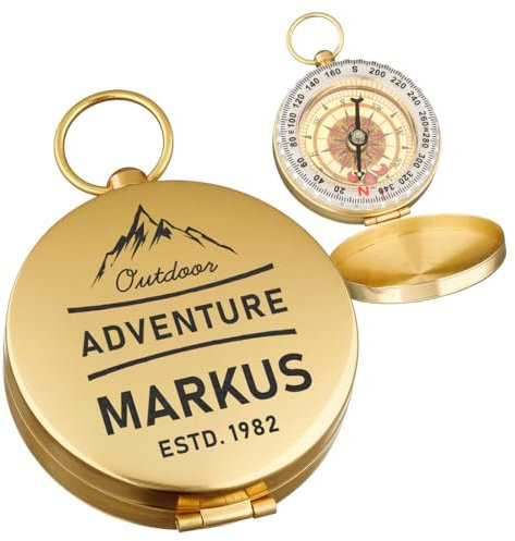 polar-effekt Gold Metall Kompass mit Gravur - Geschenk zum Vatertag - Taschenkompass mit Leuchtziffern - für Outdoor Survival Abenteuer