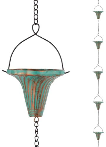 Qipade 10 Ft Rain Chains for Gutters, Metal Rain Catcher Chain for Eaves Drainage, Rain Gutter Chains with 10 Green Funnel Cups, Adjustable Rain Chain for Outdoor Decor