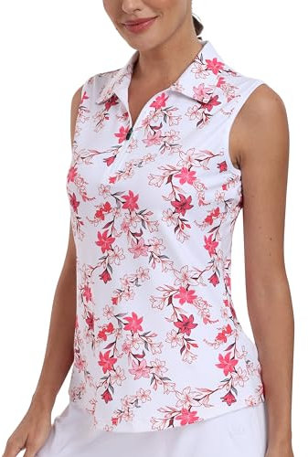 MoFiz Womens Golf Polo Shirts Sleeveless Gym Tennis Golf Top Summer Breathable Casual Work Sports T-Shirt with 1/4 Zip Red-Flower Size US M