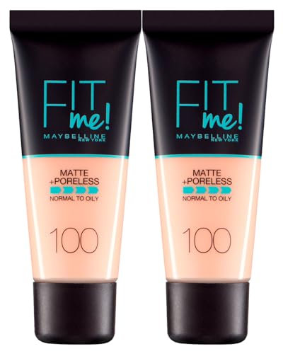 Maybelline New York Fit Me Matte & Poreless Flüssiges Make-up, matt, für normale bis fettige Haut, Farbe 100 Warm Ivory, 2 Kosmetika