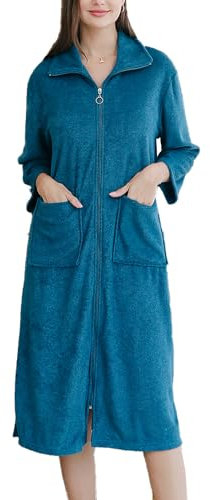 Accappatoio in Pile da Donna con Cerniera Accappatoio Lungo con Cerniera Lettino Caldo Vestaglia Camicia da Notte a Maniche Lunghe con Tasche Verde L