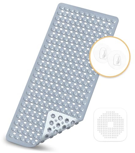Badewannenmatten rutschfest Kinder，100% BPA frei Enthält 2 Haken zum Aufhängen&Abflusssieb Silikon,100x40cm，Antirutschmatte für Badewanne，Duschmatte,schimmelresistent & maschinenwaschbar (Grau)