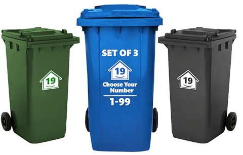 3 x Bin Numbers for Wheelie Bins, 1-99, 15cm ‘Happy House’ Colour Design Dustbin Stickers, Easy Application Stick On Number Stickers - Weatherproof Self Adhesive Vinyl – Blue, Black and Green (19)