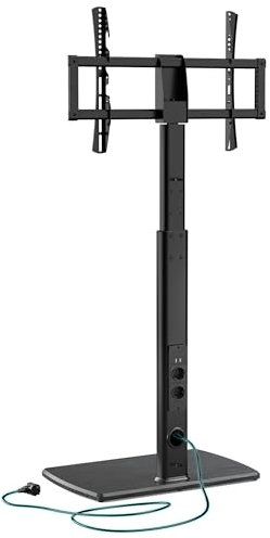 FITUEYES Support TV sur Pied avec Multiprise de 32 à 70 Pouces-Pied pour TV avec Base en Bois Pivotant 60 degrés et 6 réglages en Hauteur jusqu'à 40 kg Max VESA 600 x 400 mm