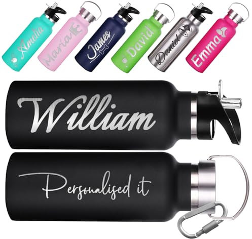Qingxily Personalised Water Bottle for Kids Women Men 350/750ml Insulated Stainless Steel Engraved Name Logo Ideal for School Gym Outdoors Leak-Proof with Bonus Straw Lid