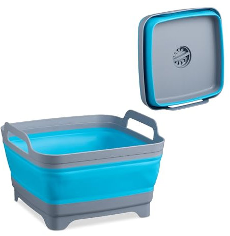 Relaxdays Fregadero Portátil Camping, 9 litros, Lavabo Plegable con Desagüe y Asas, Barreño de Plástico, Gris y Azul, 20 x 31,5 x 30 cm