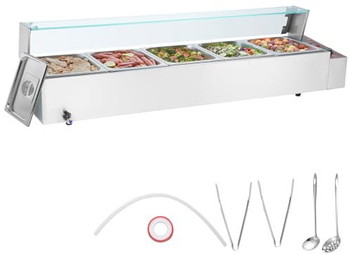 VEVOR Scaldavivande Commerciale a 5 Vaschette, Tavolo Elettrico a Vapore 5 x 7,57 L con Coperchio in Vetro, Bagnomaria Buffet in Acciaio Inox 1700 W, Controllo Temperatura 30-85°C Catering, Argento