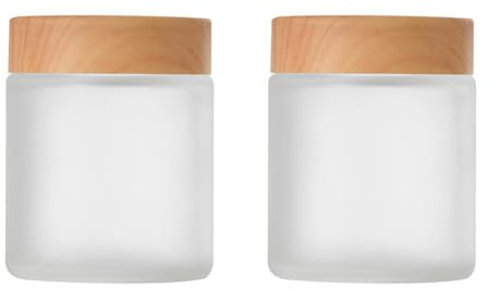 Lot de 2 pots à crème vides en verre dépoli avec couvercles en bois pour échantillons de produits cosmétiques, lotion pour le visage, crème exfoliante, lotion corporelle - 100 g