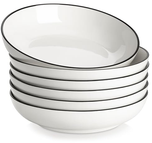 MALACASA Série REGULAR 1250ml Assiettes à Pâtes en Porcelaine, Assiettes Creuses, Service de Bols à Salade 6 Pièces, Blanc avec Bord Noir