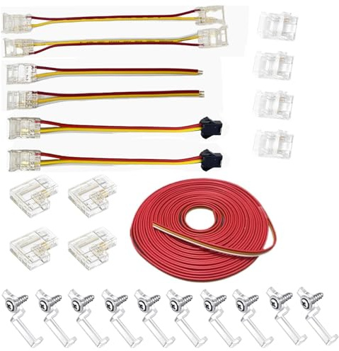 LED connector for COB 10mmcct 3 pin LED Strip Light kit includes transparent slotless connector, LT shaped double end extension connector, 5m extension cable